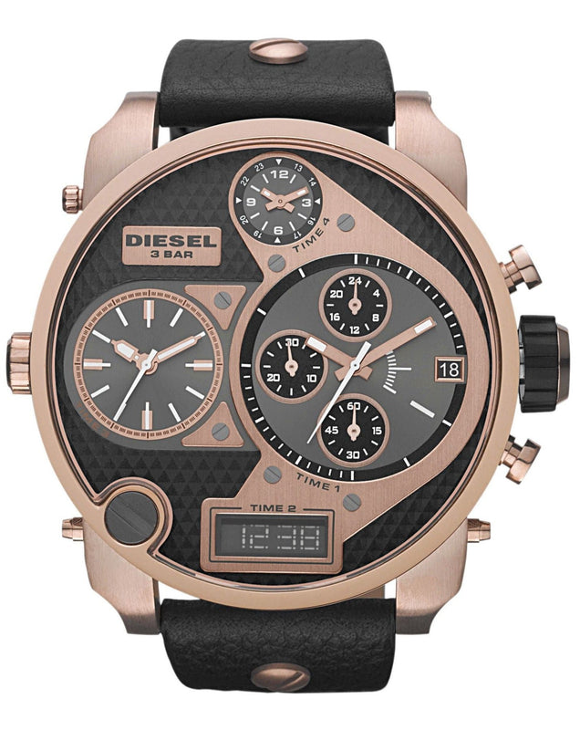  Shop Authentic Diesel Big Daddy Gold & Black Dial Black Leather Strap Watch For Men - DZ7261 - Luxxuri