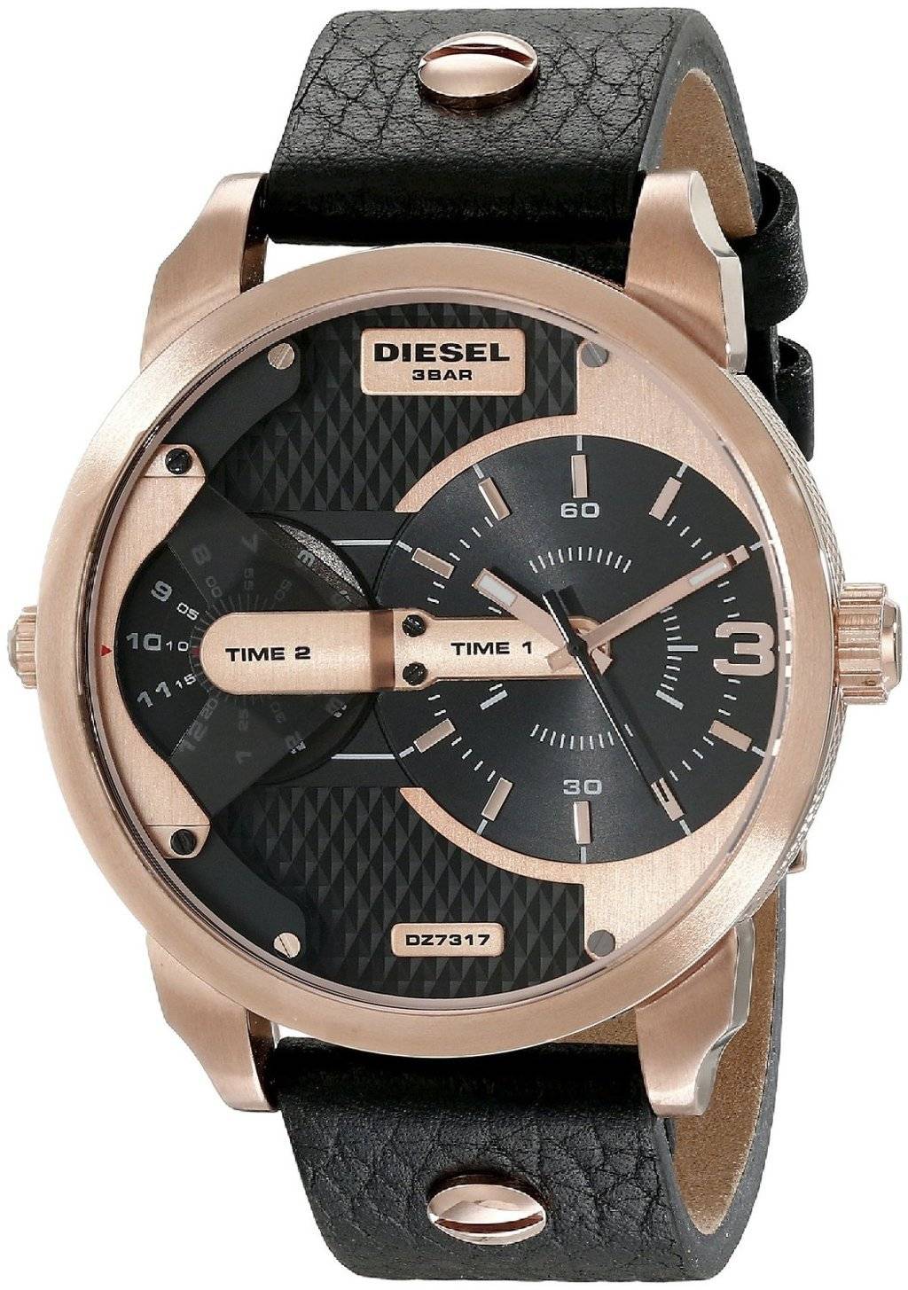  Shop Authentic Diesel Mini Daddy Dual Time Black & Gold Dial Black Leather Strap Watch For Men - DZ7317 - Luxxuri