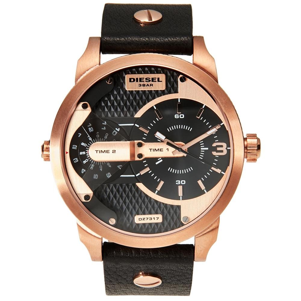  Shop Authentic Diesel Mini Daddy Dual Time Black & Gold Dial Black Leather Strap Watch For Men - DZ7317 - Luxxuri