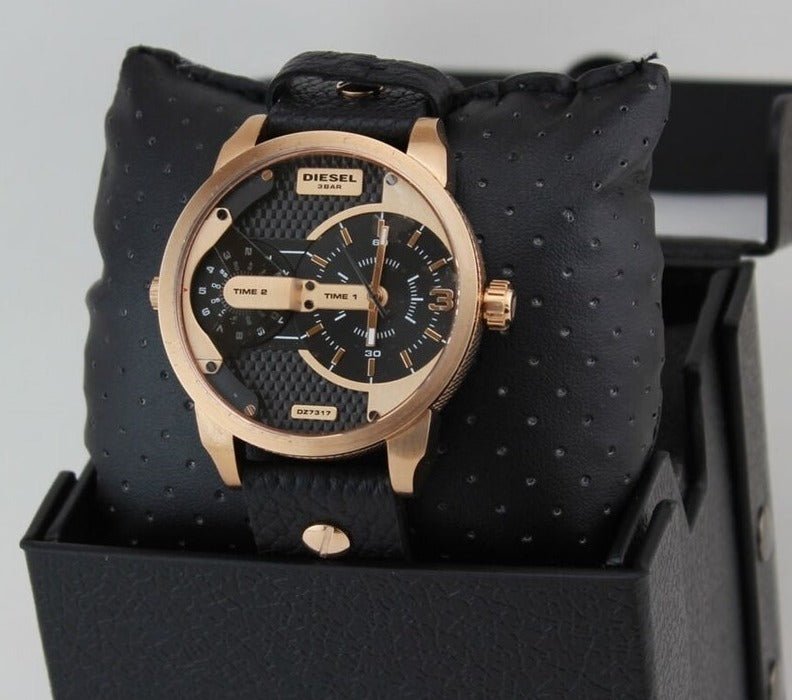  Shop Authentic Diesel Mini Daddy Dual Time Black & Gold Dial Black Leather Strap Watch For Men - DZ7317 - Luxxuri