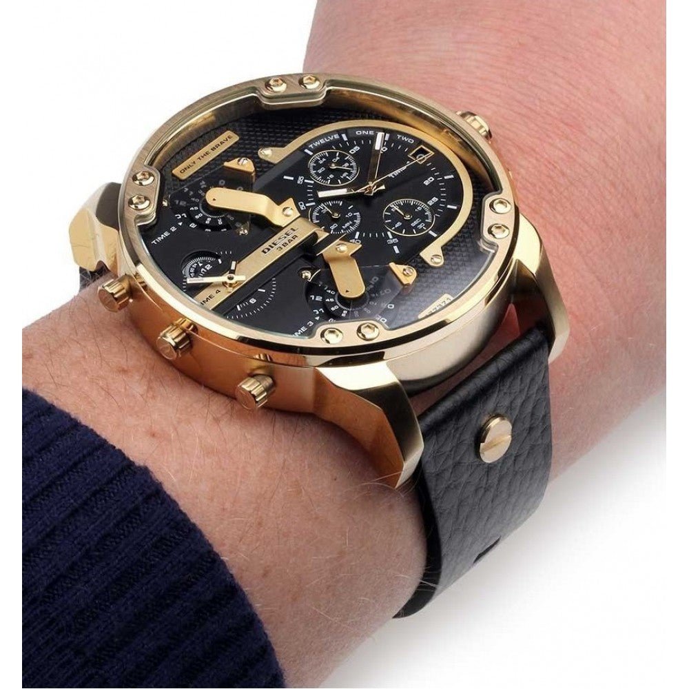  Shop Authentic Diesel Mr Daddy Black & Gold Dial Black Leather Strap Watch For Men - DZ7371 - Luxxuri