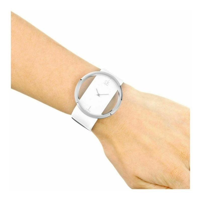  Shop Authentic Calvin Klein Glam Transparent Dial White Leather Strap Watch for Women - K9423101 - Luxxuri