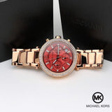  Shop Authentic Michael Kors Parker Chronograph Red Dial Rose Gold Steel Strap Watch For Women - MK6106 - Luxxuri