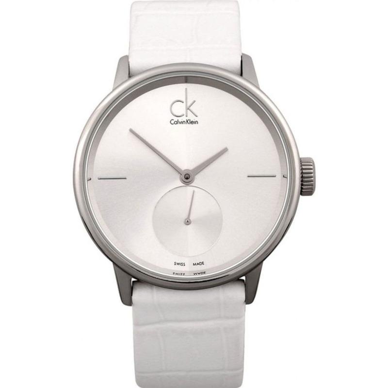  Shop Authentic Calvin Klein Accent Silver Dial White Leather Strap Watch for Women - K2Y231K6 - Luxxuri