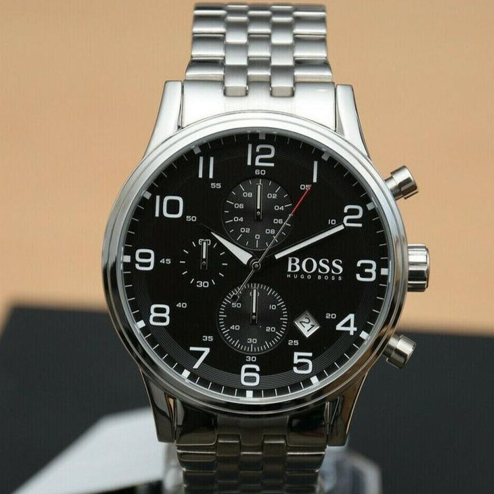  Shop Authentic Hugo Boss Aeroliner Chronograph Black Dial Silver Steel Strap Watch For Men - 1512446 - Luxxuri