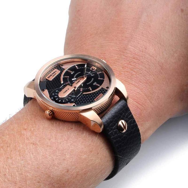  Shop Authentic Diesel Mini Daddy Dual Time Black & Gold Dial Black Leather Strap Watch For Men - DZ7317 - Luxxuri
