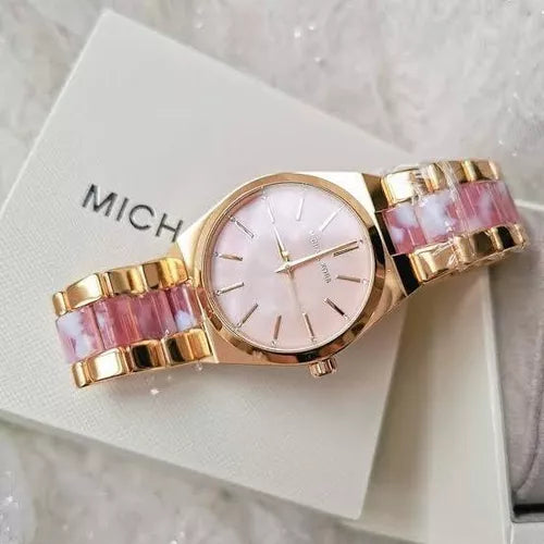  Shop Authentic Michael Kors Channing Quartz Mother of Pearl Pink Dial Two Tone Steel Strap Watch For Women - MK6650 - Luxxuri