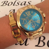  Shop Authentic Michael Kors Bradshaw Chronograph Blue Dial Gold Steel Strap Watch For Women - MK5975 - Luxxuri