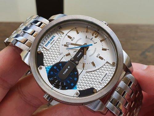  Shop Authentic Diesel Mini Daddy Dual Time Silver Dial Stainless Steel Watch For Men - DZ7305 - Luxxuri
