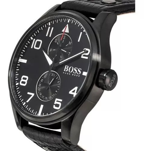  Shop Authentic Hugo Boss Aeroliner Chronograph Black Dial Black Leather Strap Watch For Men - 1513086 - Luxxuri