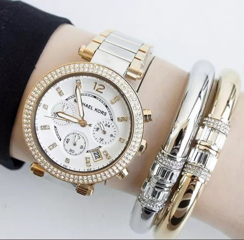 Michael Kors Parker Chronograph Silver Dial Two Tone Steel Strap Watch For Women - MK5687