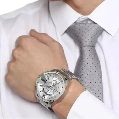  Shop Authentic Diesel Mega Chief Chronograph Silver Dial Silver Steel Strap Watch For Men - DZ4477 - Luxxuri