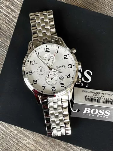 Hugo Boss Aeroliner Chronograph White Dial Silver Steel Strap Watch For Men - 1512445