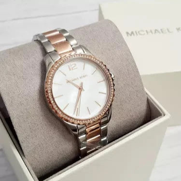  Shop Authentic Michael Kors Layton Three Hand Mother of Pearl White Dial Two Tone Steel Strap Watch For Women - MK6849 - Luxxuri