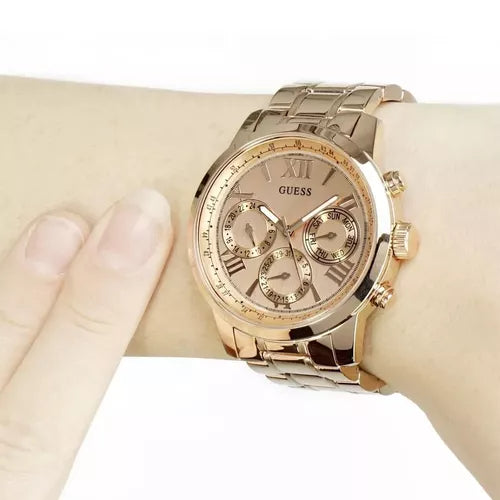  Shop Authentic Guess Sunrise Quartz Rose Gold Dial Rose Gold Steel Strap Watch For Women - W0330L2 - Luxxuri