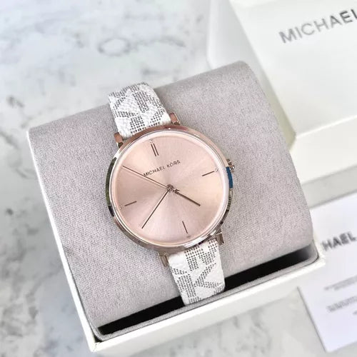  Shop Authentic Michael Kors Jayne Three Hand Rose Gold Dial White Leather Strap Watch For Women - MK7128 - Luxxuri