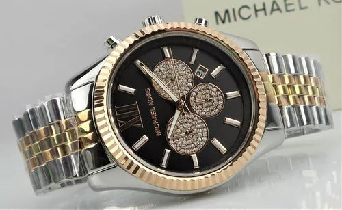  Shop Authentic Michael Kors Lexington Chronograph Crystals Black Dial Two Tone Steel Strap Watch for Men - MK8714 - Luxxuri