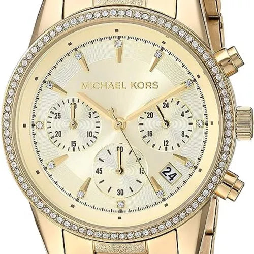  Shop Authentic Michael Kors Ritz Chronograph Gold Dial Gold Steel Strap Watch For Women - MK6597 - Luxxuri