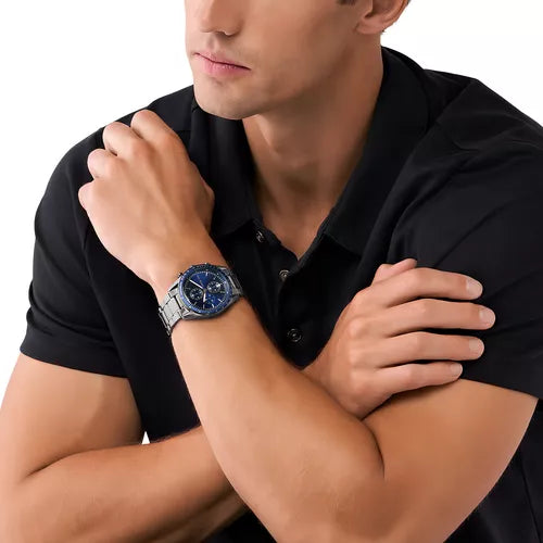 Michael Kors Accelerator Chronograph Blue Dial Grey Steel Strap Watch For Men - MK9111