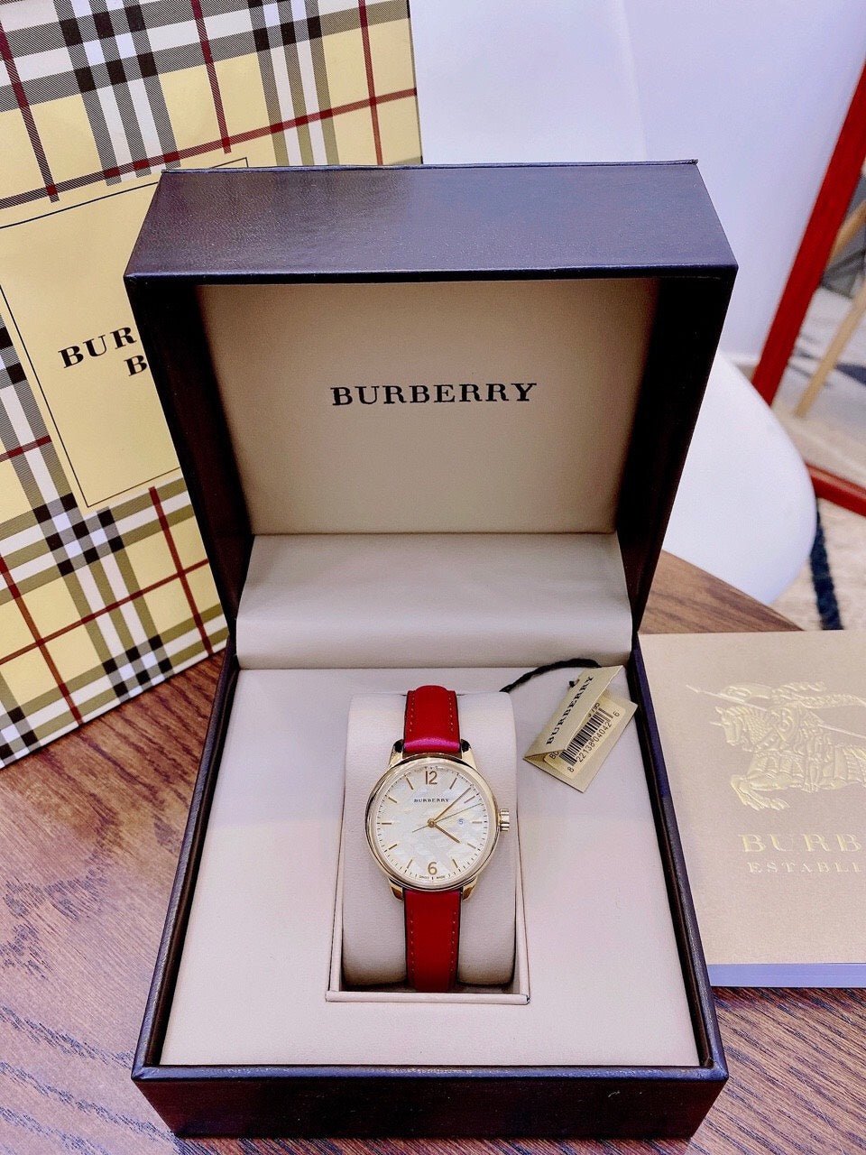  Shop Authentic Burberry The Classic Gold Dial Red Leather Strap Watch for Women - BU10102 - Luxxuri