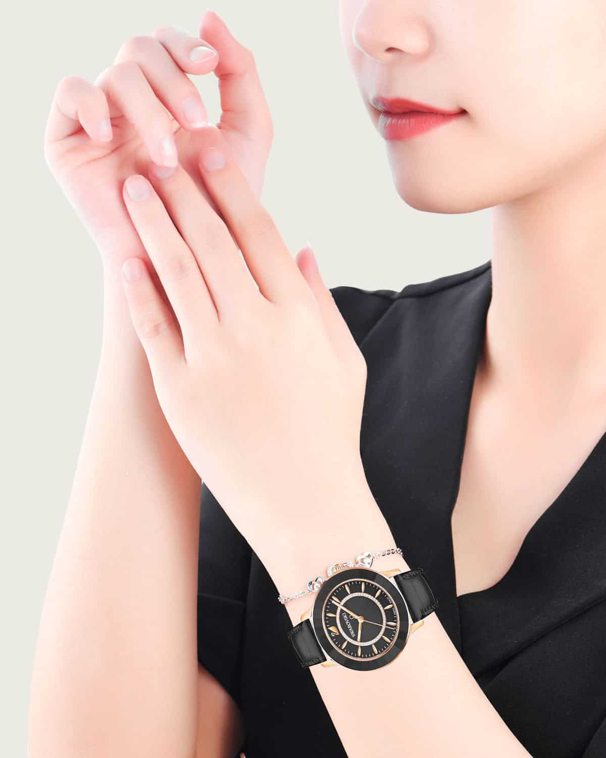  Shop Authentic Swarovski Octea Lux Black Dial Black Leather Strap Watch for Women - 5414410 - Luxxuri