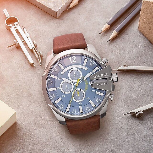 Diesel Mega Chief Light Blue Dial Brown Leather Strap Watch For Men - DZ4281