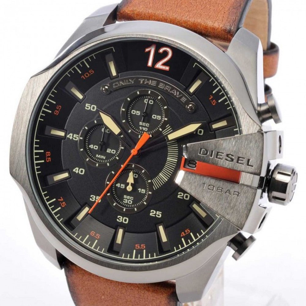 Diesel Mega Chief Quartz Chronograph Brown Leather Strap Watch For Men - DZ4343