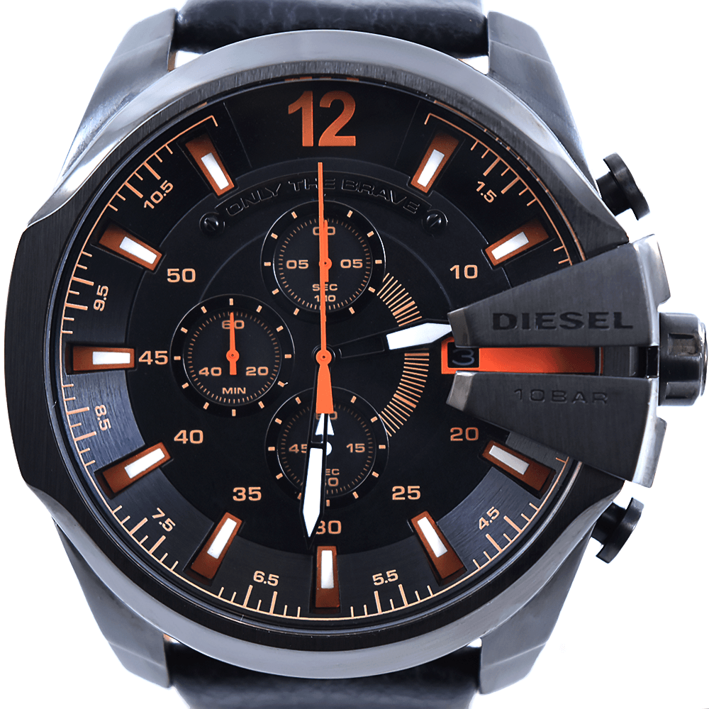  Shop Authentic Diesel Mega Chief Chronograph Black Dial Black Leather Strap Watch For Men - DZ4291 - Luxxuri
