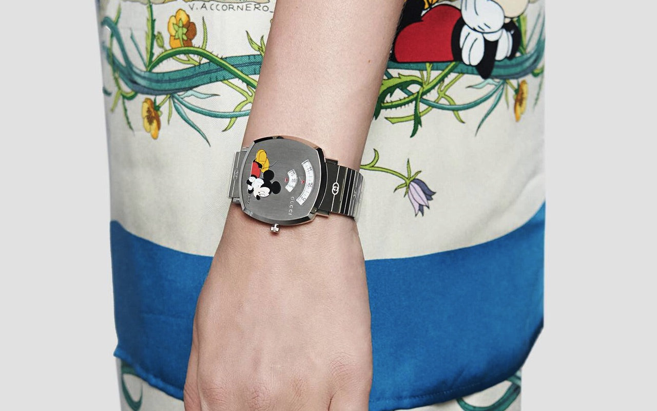  Shop Authentic Gucci Grip Disney Mickey Mouse Silver Dial Silver Steel Strap Watch For Women - YA157418 - Luxxuri