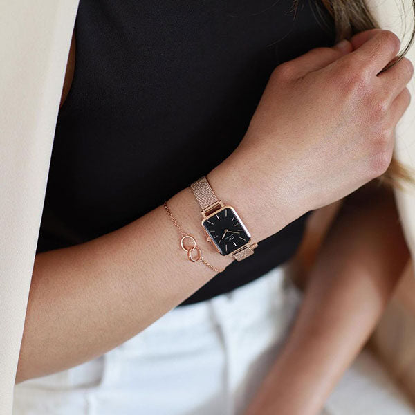  Shop Authentic Daniel Wellington Quadro Melrose Black Dial Rose Gold Mesh Bracelet Watch For Women - DW00100432 - Luxxuri