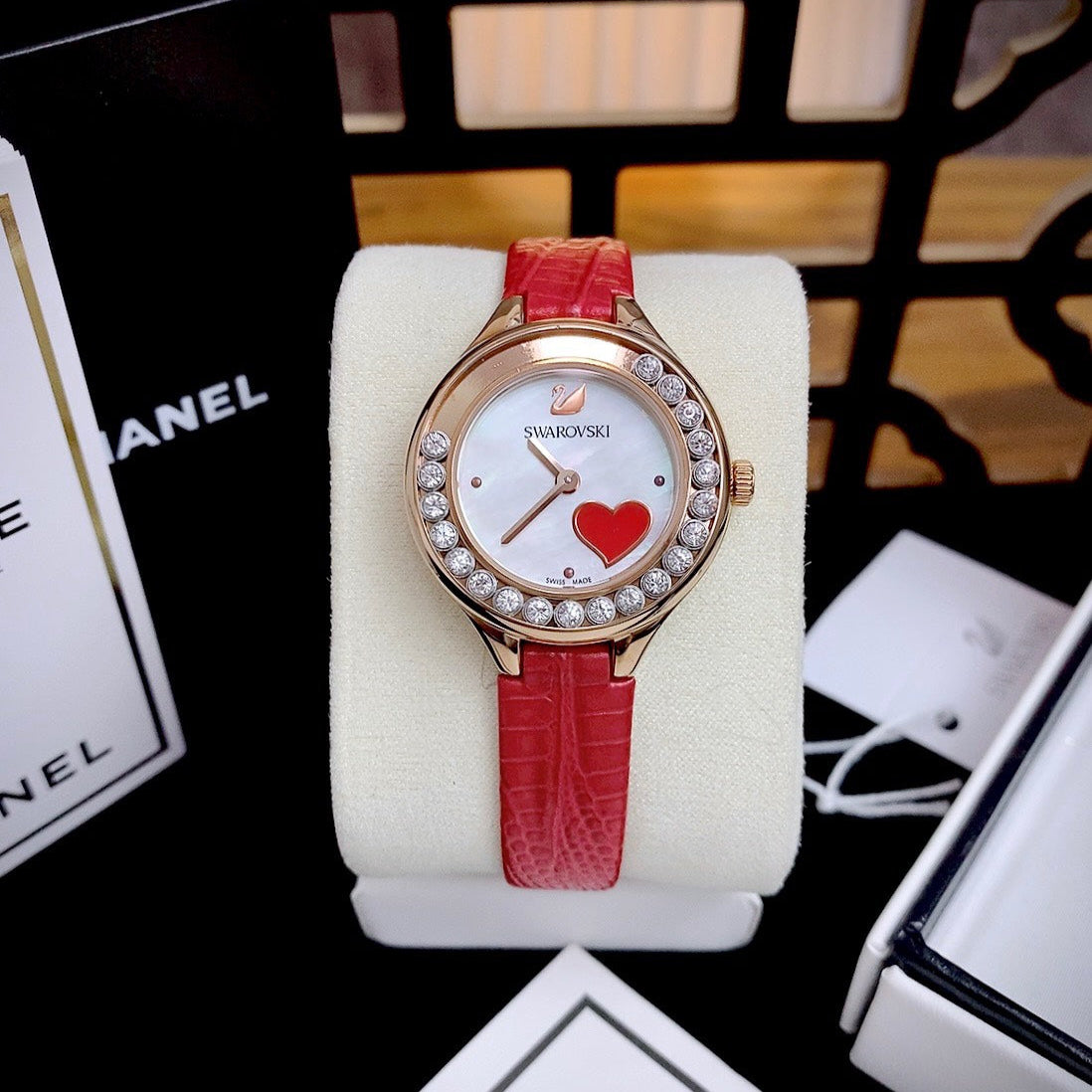 Shop Authentic Swarovski Lovely Crystals Analog White Dial Red Leather Strap Watch for Women - 5297584 - Luxxuri