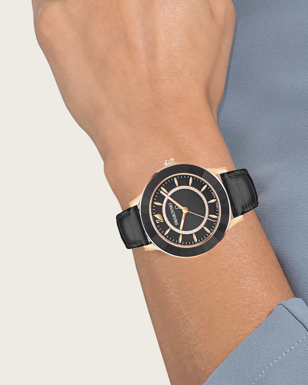  Shop Authentic Swarovski Octea Lux Black Dial Black Leather Strap Watch for Women - 5414410 - Luxxuri