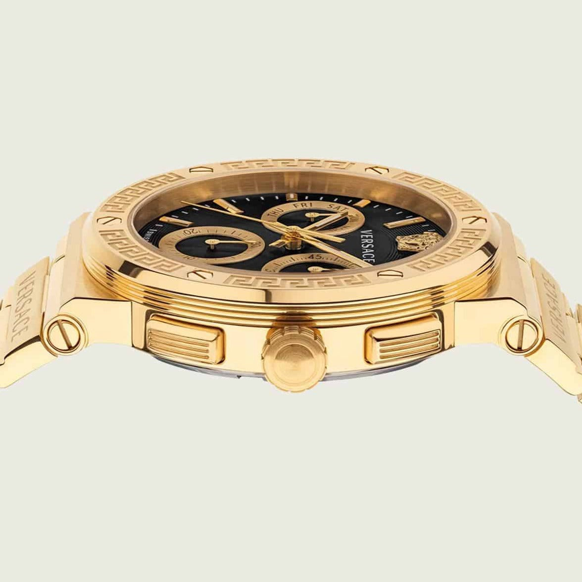  Shop Authentic Versace Greca Chronograph Black Dial Gold Steel Strap Watch For Men - VEZ900421 - Luxxuri