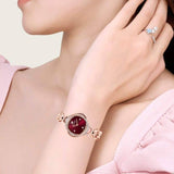  Shop Authentic Swarovski Crystal Flower Red Dial Rose Gold Steel Strap Watch for Women - 5552783 - Luxxuri