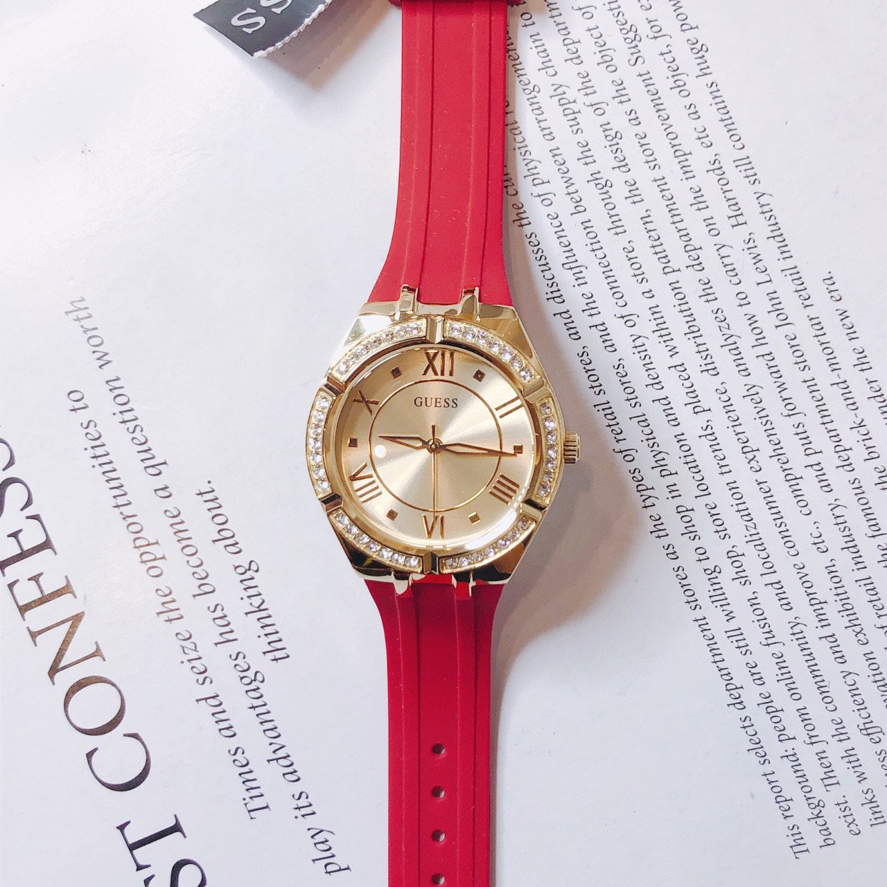  Shop Authentic Guess Cosmo Diamonds Gold Dial Red Rubber Strap Watch for Women - GW0034L6 - Luxxuri