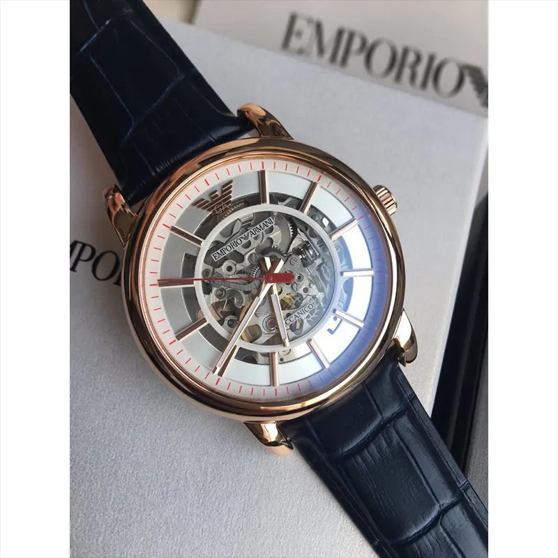  Shop Authentic Emporio Armani Luigi Skeleton Silver Dial Black Leather Strap Watch For Men - AR60007 - Luxxuri