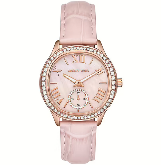  Shop Authentic Michael Kors Sage Three-Hand Mother of Pearl Pink Dial Pink Leather Strap Watch for Women - MK4820 - Luxxuri