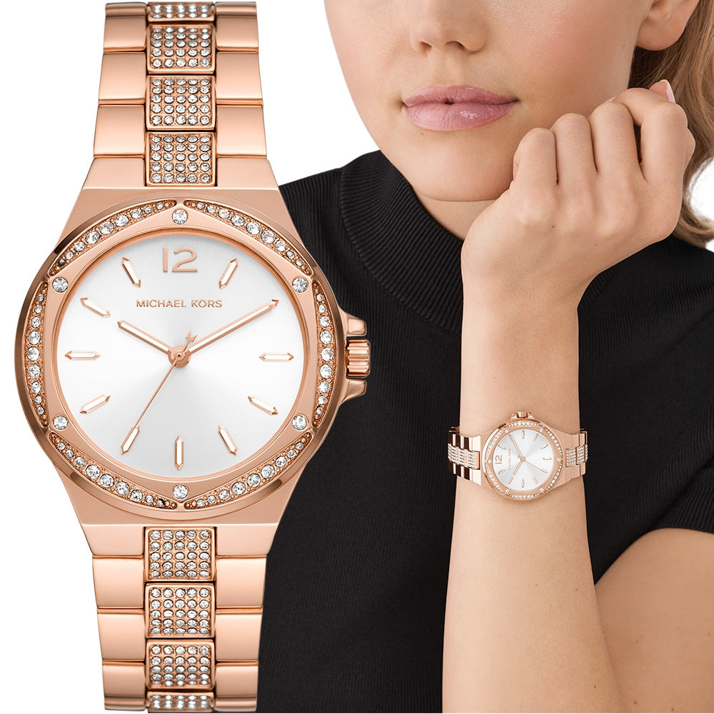  Shop Authentic Michael Kors Lennox Three-Hand Silver Dial Rose Gold Steel Strap Watch For Women - MK7362 - Luxxuri