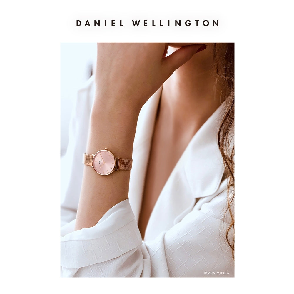  Shop Authentic Daniel Wellington Petite Melrose Pink Dial Rose Gold Mesh Strap Watch For Women - DW00100367 - Luxxuri