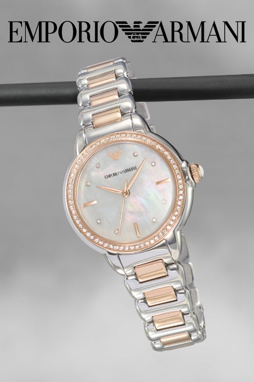  Shop Authentic Emporio Armani Three Hand Quartz Mother of Pearl Dial Two Tone Steel Strap Watch For Women - AR11569 - Luxxuri