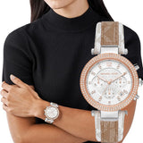  Shop Authentic Michael Kors Parker Chronograph White Dial Two Tone Leather Strap Watch For Women - MK6950 - Luxxuri