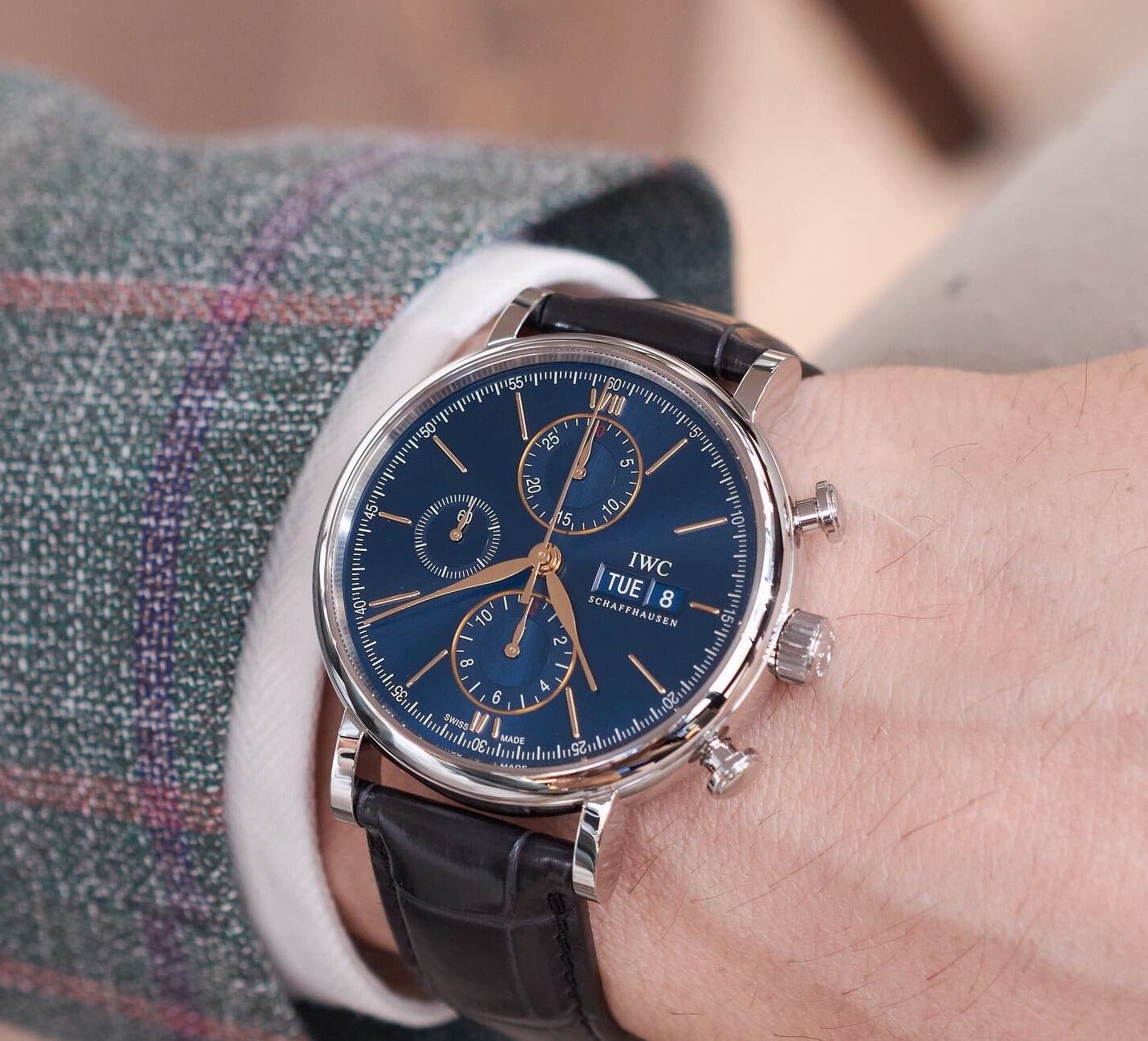  Shop Authentic IWC Portofino Chronograph Blue Dial Black Leather Strap Watch for Men - IW391036 - Luxxuri