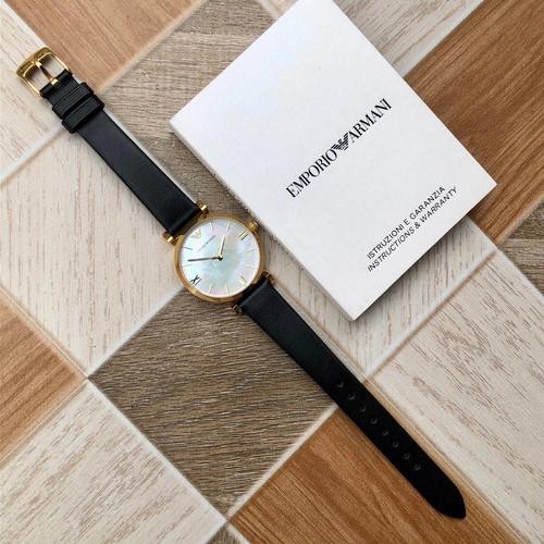  Shop Authentic Emporio Armani Gianni T-Bar Quartz Mother of Pearl Dial Black Leather Strap Watch For Women - AR1910 - Luxxuri