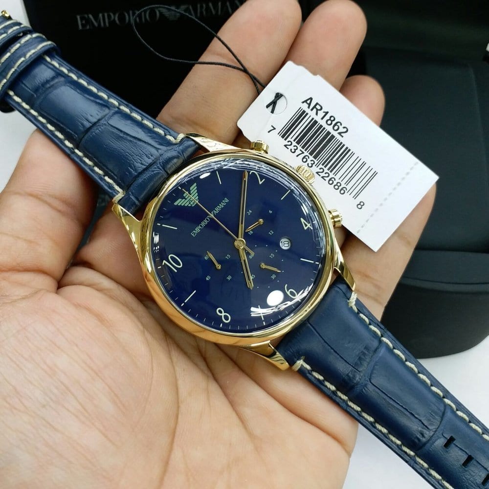  Shop Authentic Emporio Armani Chronograph Midnight Blue Dial Blue Leather Strap Watch For Men - AR1862 - Luxxuri