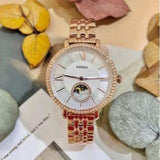  Shop Authentic Fossil Jacqueline Analog Moonphase Mother of Pearl White Dial Rose Gold Steel Strap Watch for Women - ES5165 - Luxxuri
