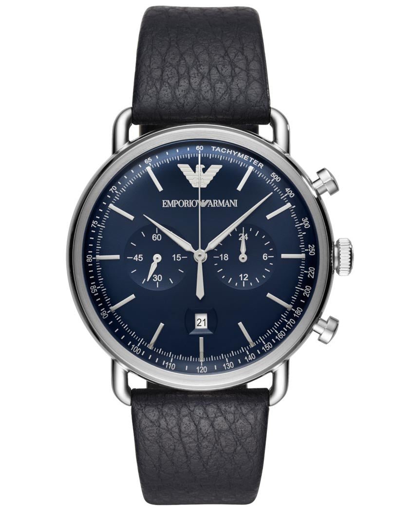 Emporio Armani Aviator Blue Dial Blue Leather Strap Watch For Men - AR11105