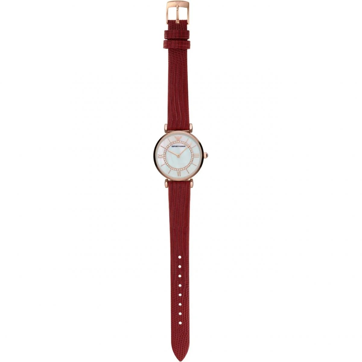  Shop Authentic Emporio Armani Gianni T-Bar Analog Mother of Pearl Dial Red Leather Strap Watch For Women - AR11322 - Luxxuri