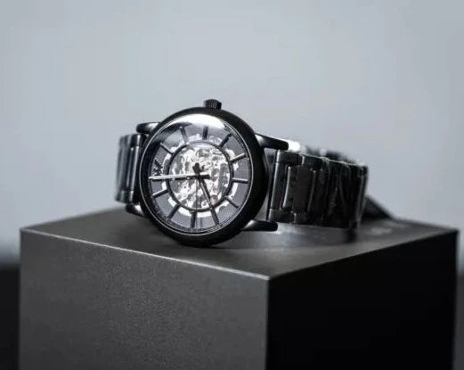  Shop Authentic Emporio Armani Meccanico Skeleton Black Dial Black Steel Strap Watch For Men - AR60045 - Luxxuri