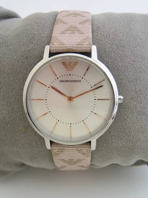 Emporio Armani Gianni T Bar Quartz Silver Dial Beige Leather Strap Watch For Women - AR80007