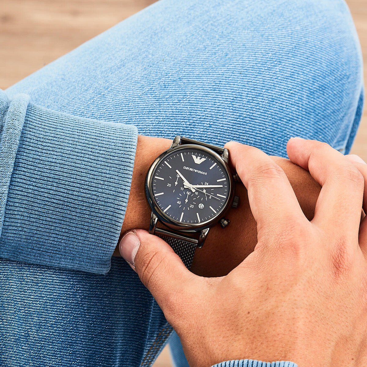  Shop Authentic Emporio Armani Chronograph Blue Dial Gun Metallic Mesh Bracelet Watch For Men - AR1979 - Luxxuri